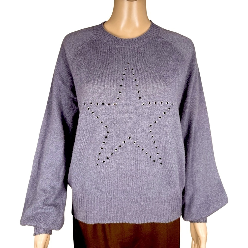 27 Miles Cashmere Puff Sleeve Star Front Grey Blue Sweater Size M